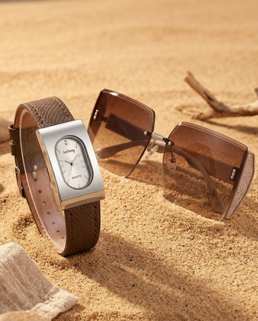 Set Sahara Chic — Gafas Oversize Degradado + Reloj Elegante Saffiano