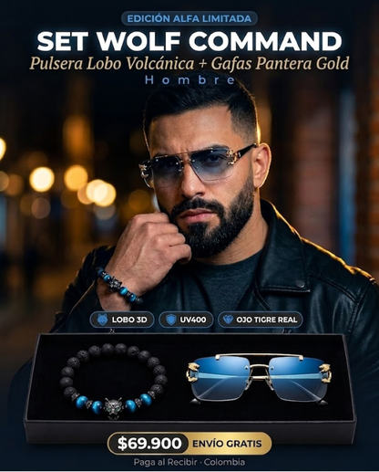SET WOLF COMMAND™ · Pulsera Lobo Volcánica + Gafas Pantera Gold · Hombre