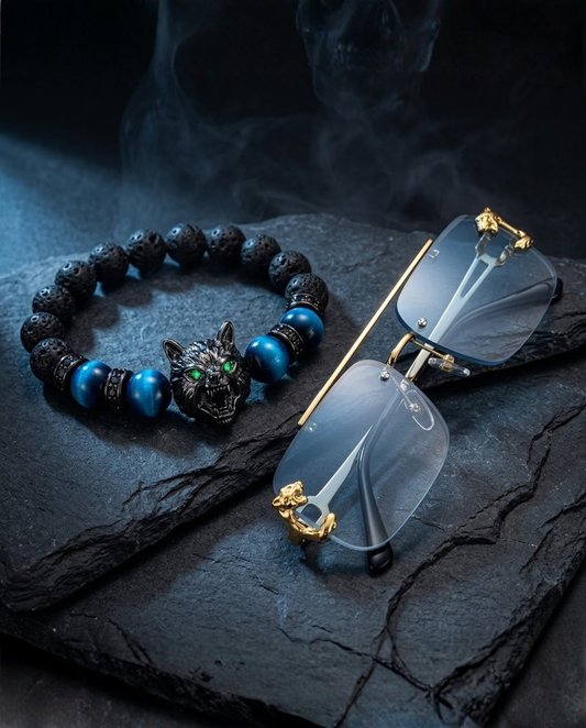SET WOLF COMMAND™ · Pulsera Lobo Volcánica + Gafas Pantera Gold · Hombre