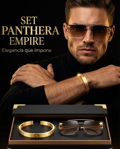 SET PANTHERA EMPIRE™ · Gafas Pantera Gold Rimless + Brazalete Romano Oro Laminado · Hombre