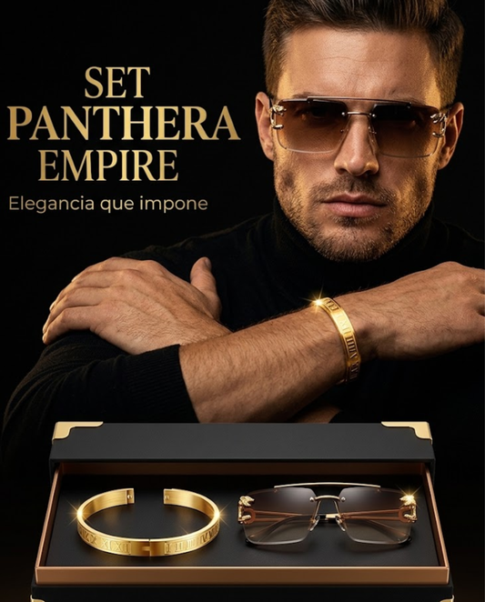 SET PANTHERA EMPIRE™ · Gafas Pantera Gold Rimless + Brazalete Romano Oro Laminado · Hombre