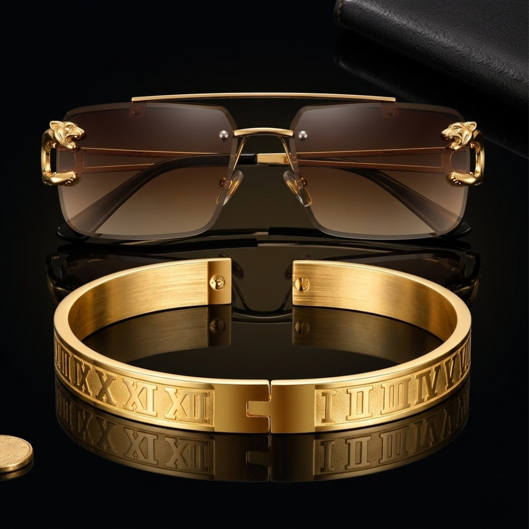SET PANTHERA EMPIRE™ · Gafas Pantera Gold Rimless + Brazalete Romano Oro Laminado · Hombre