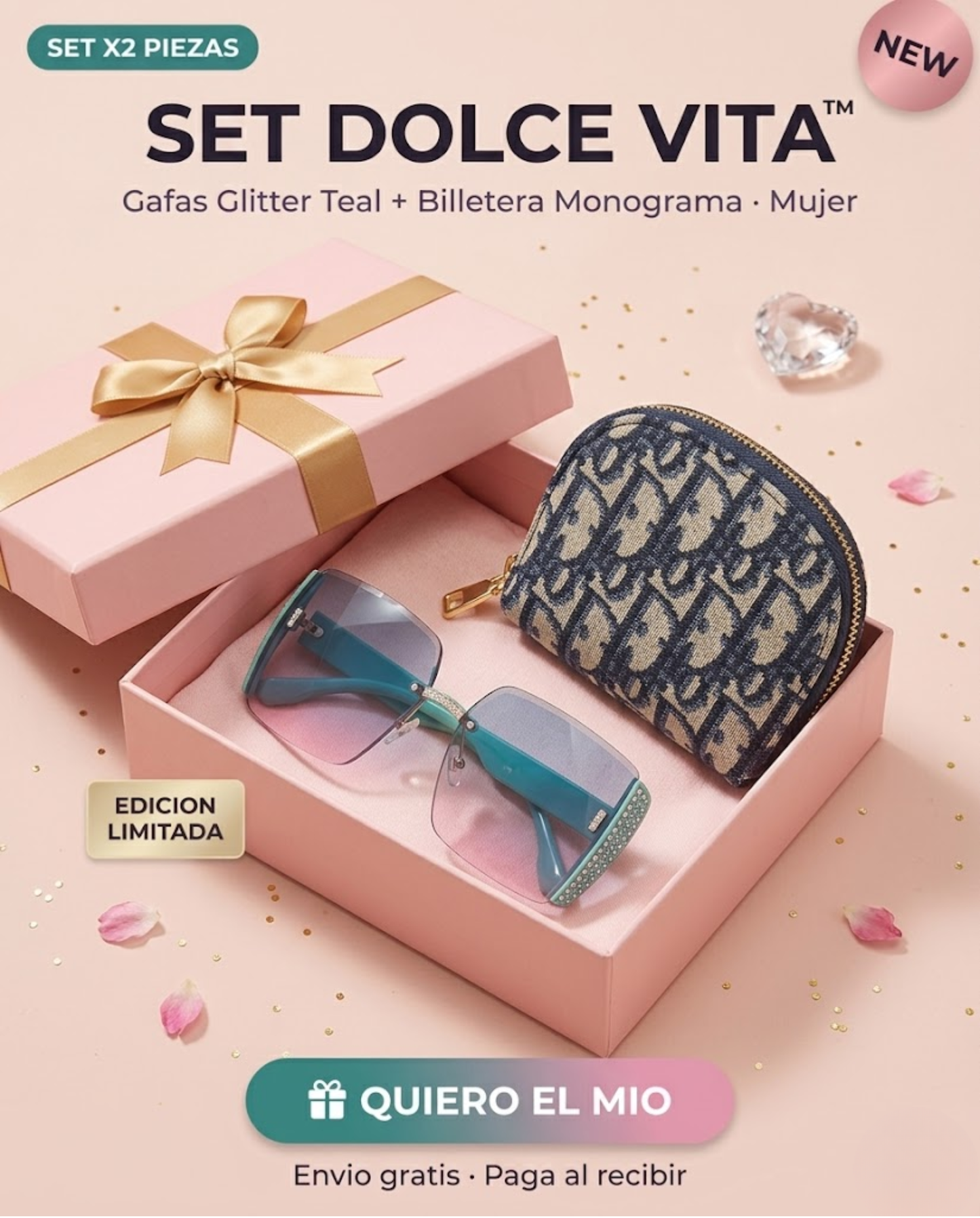 SET DOLCE VITA™ · Gafas Glitter Teal + Billetera Monograma · Mujer