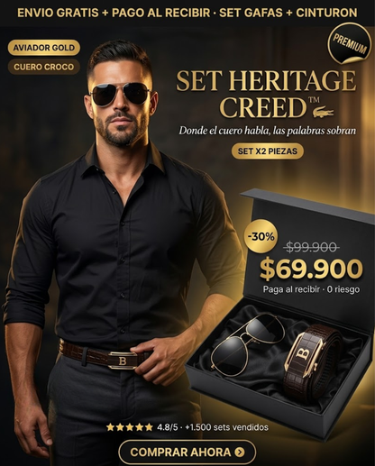 SET HERITAGE CREED™  Correa Cuero Cocodrilo + Gafas Aviador Gold · Hombre