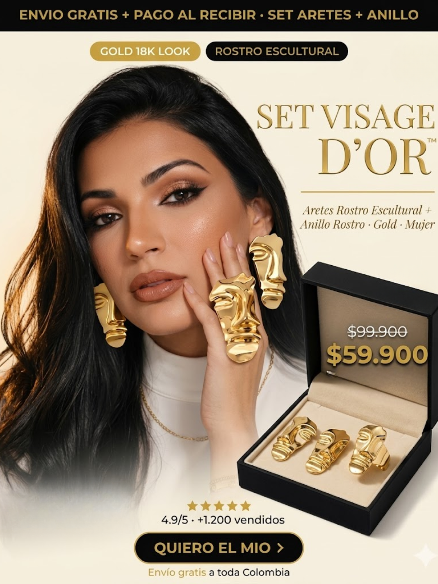 SET VISAGE D'OR™ · Aretes Rostro Escultural + Anillo Rostro · Gold · Mujer