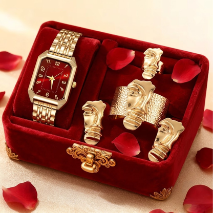SET MIDAS™ · Reloj Dorado Esfera Roja + Joyería Dorada · Set 4 Piezas Mujer
