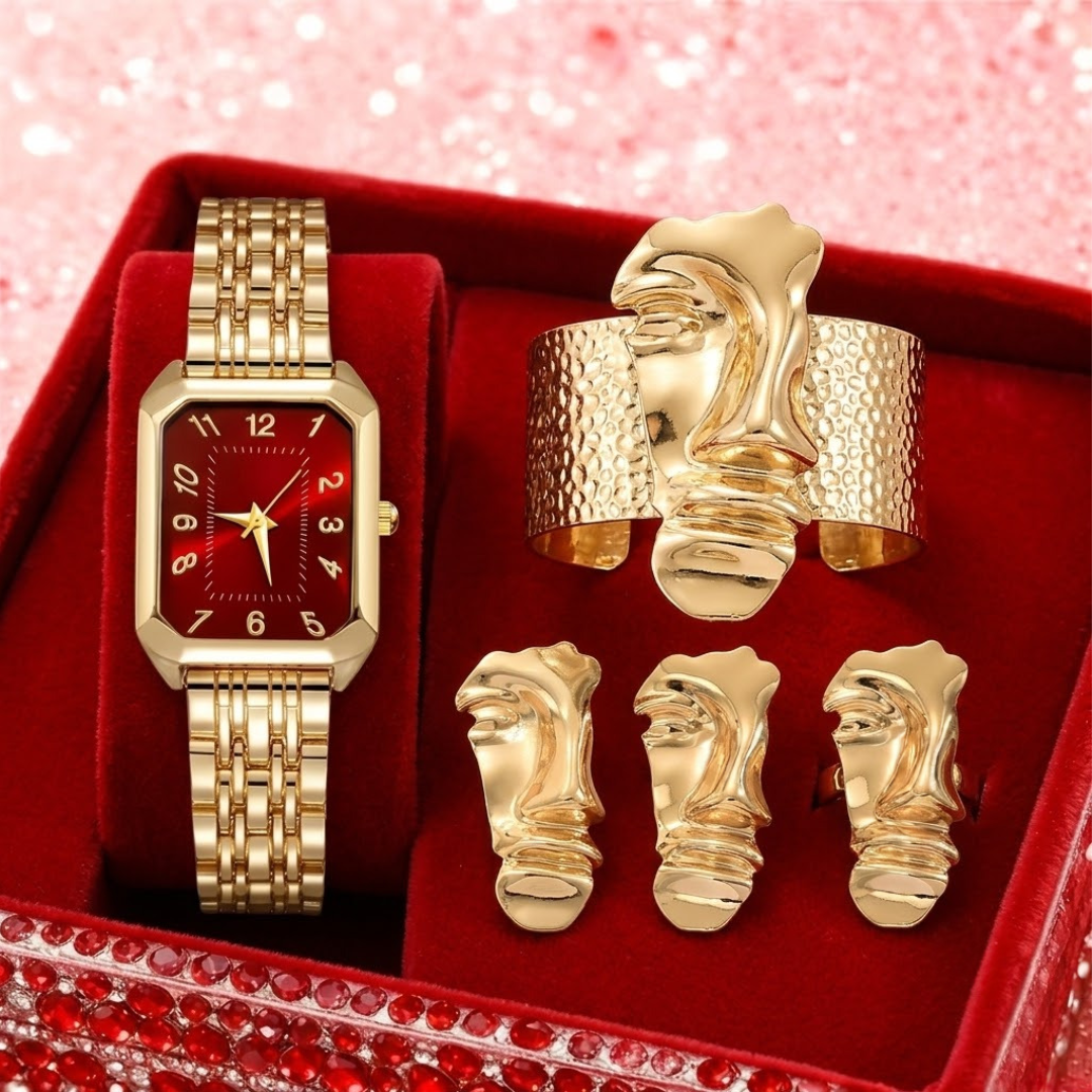 SET MIDAS™ · Reloj Dorado Esfera Roja + Joyería Dorada · Set 4 Piezas Mujer