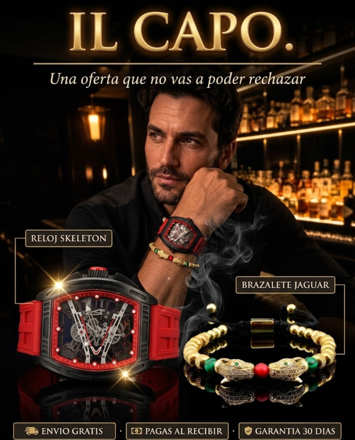 SET IL CAPO · Reloj Skeleton + Brazalete Jaguar Dorado · Set Hombre