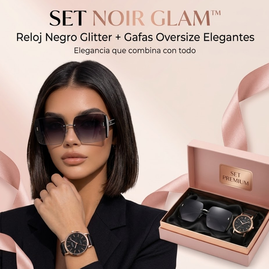 SET NOIR GLAM™ · Reloj Negro Glitter + Gafas Oversize Elegantes · Mujer