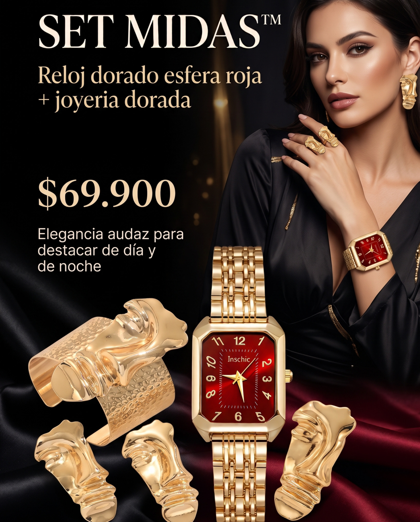 SET MIDAS™ · Reloj Dorado Esfera Roja + Joyería Dorada · Set 4 Piezas Mujer
