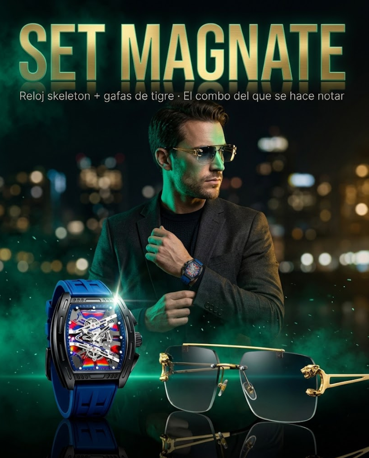 SET MAGNATE™ · Reloj Skeleton + Gafas de Tigre Doradas · Set Premium Hombre