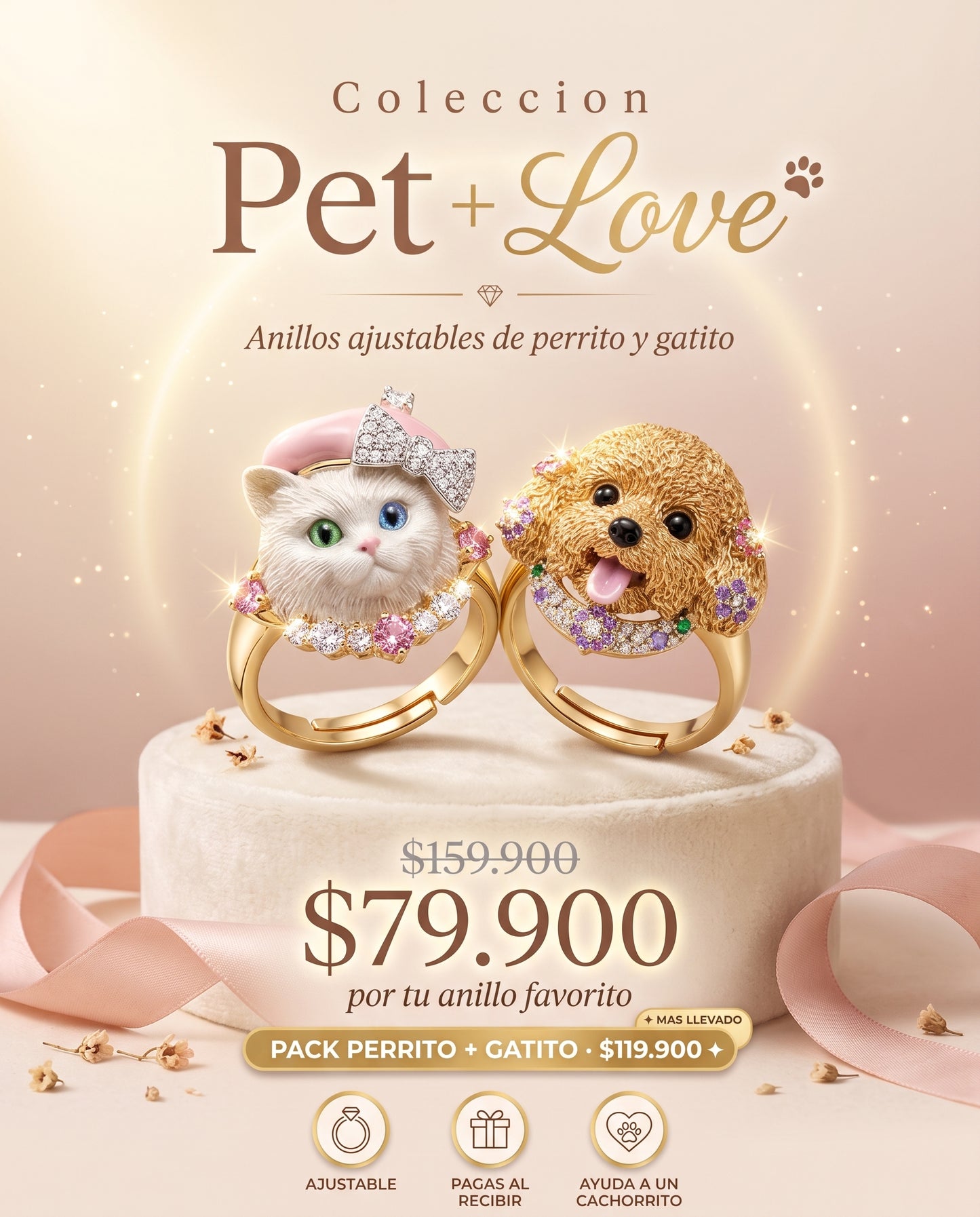 COLECCIÓN PET LOVE™ · Anillos Ajustables Perrito & Gatito · CoverGold + Circonias