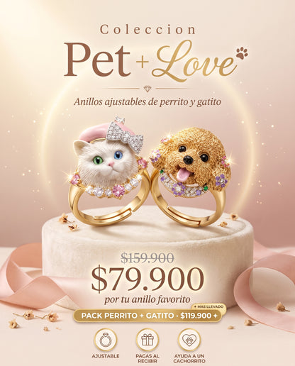 COLECCIÓN PET LOVE™ · Anillos Ajustables Perrito & Gatito · CoverGold + Circonias