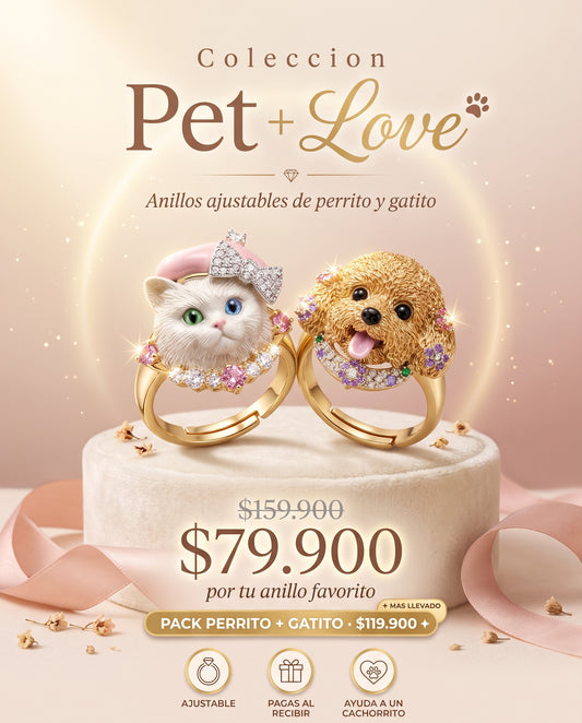 COLECCIÓN PET LOVE™ · Anillos Ajustables Perrito & Gatito · CoverGold + Circonias
