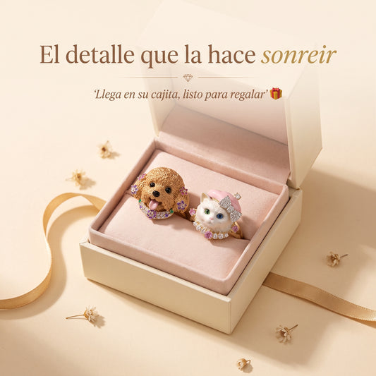 COLECCIÓN PET LOVE™ · Anillos Ajustables Perrito & Gatito · CoverGold + Circonias