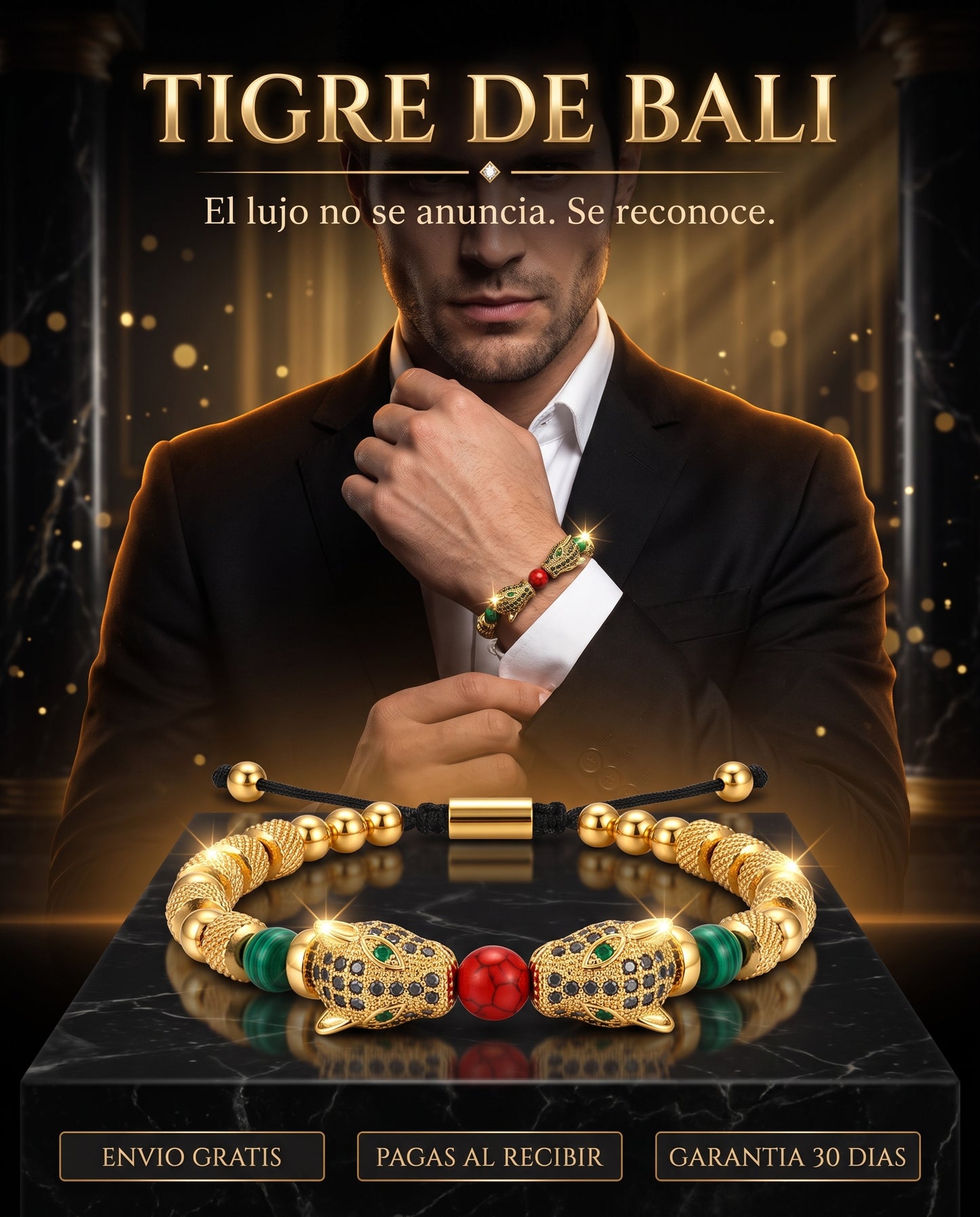BRAZALETE TIGRE DE BALI™ · Doble Tigre Dorado con Malaquita