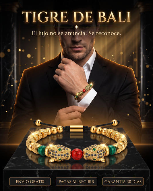 BRAZALETE TIGRE DE BALI™ · Doble Tigre Dorado con Malaquita