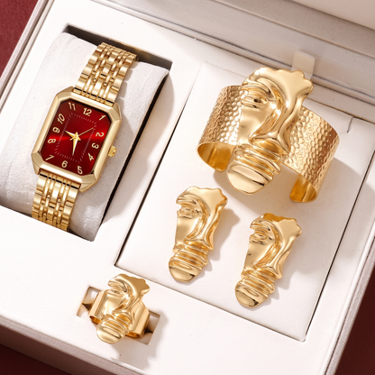 SET MIDAS™ · Reloj Dorado Esfera Roja + Joyería Dorada · Set 4 Piezas Mujer