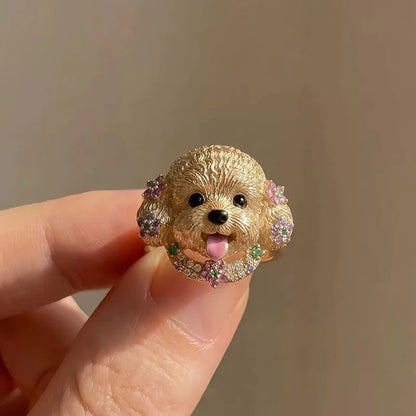 COLECCIÓN PET LOVE™ · Anillos Ajustables Perrito & Gatito · CoverGold + Circonias