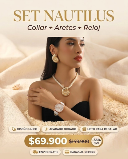 SET NAUTILUS™ · Collar + Aretes Caracol Dorado + Reloj · Set 3 Piezas Mujer