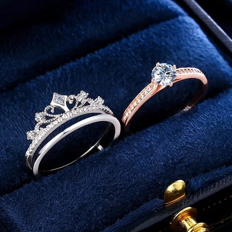 SET ROYAL CROWN™ · x2 Anillos Corona + Banda · Cristales · Ajustable · Mujer